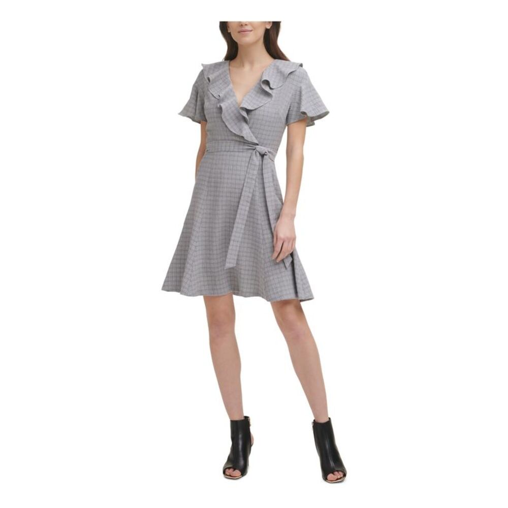 NWT DKNY Womens Gray Unlined Tie Belt Plaid Flutter Sleeve Fit + Flare Dress 10